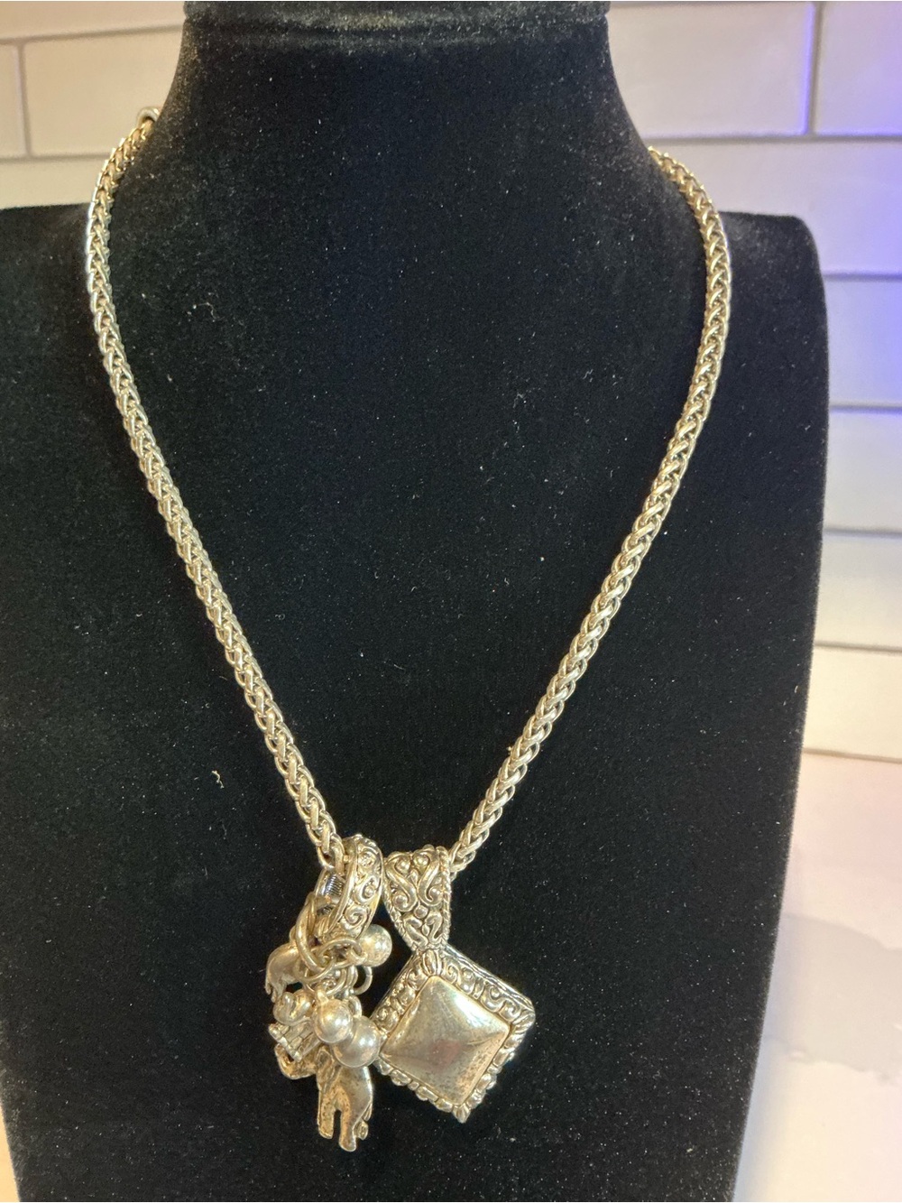 Ornate Silver-Tone Charm Pendant Necklace for Women